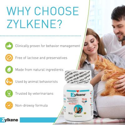 Show full view: Vetoquinol Zylkene 75-mg Capsules Calming Supplement for Small Dogs & Cats, 30 count slide 6 of 14