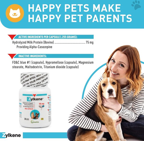 Show full view: Vetoquinol Zylkene 75-mg Capsules Calming Supplement for Small Dogs & Cats, 30 count slide 3 of 13