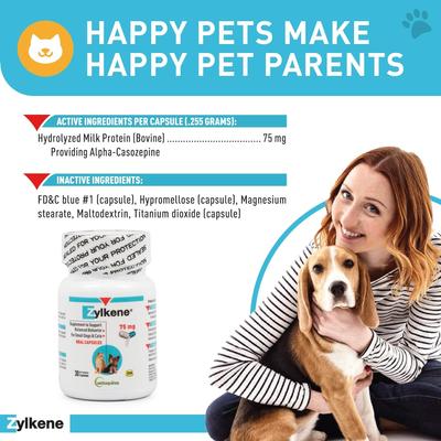 Show full view: Vetoquinol Zylkene 75-mg Capsules Calming Supplement for Small Dogs & Cats, 30 count slide 4 of 14