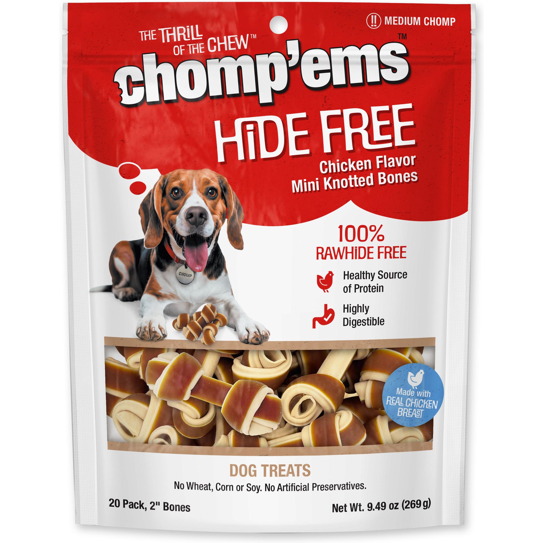 Chomp'ems Hide-Free Knot Bones Two-Tone Chicken Dog Treats, 20 count