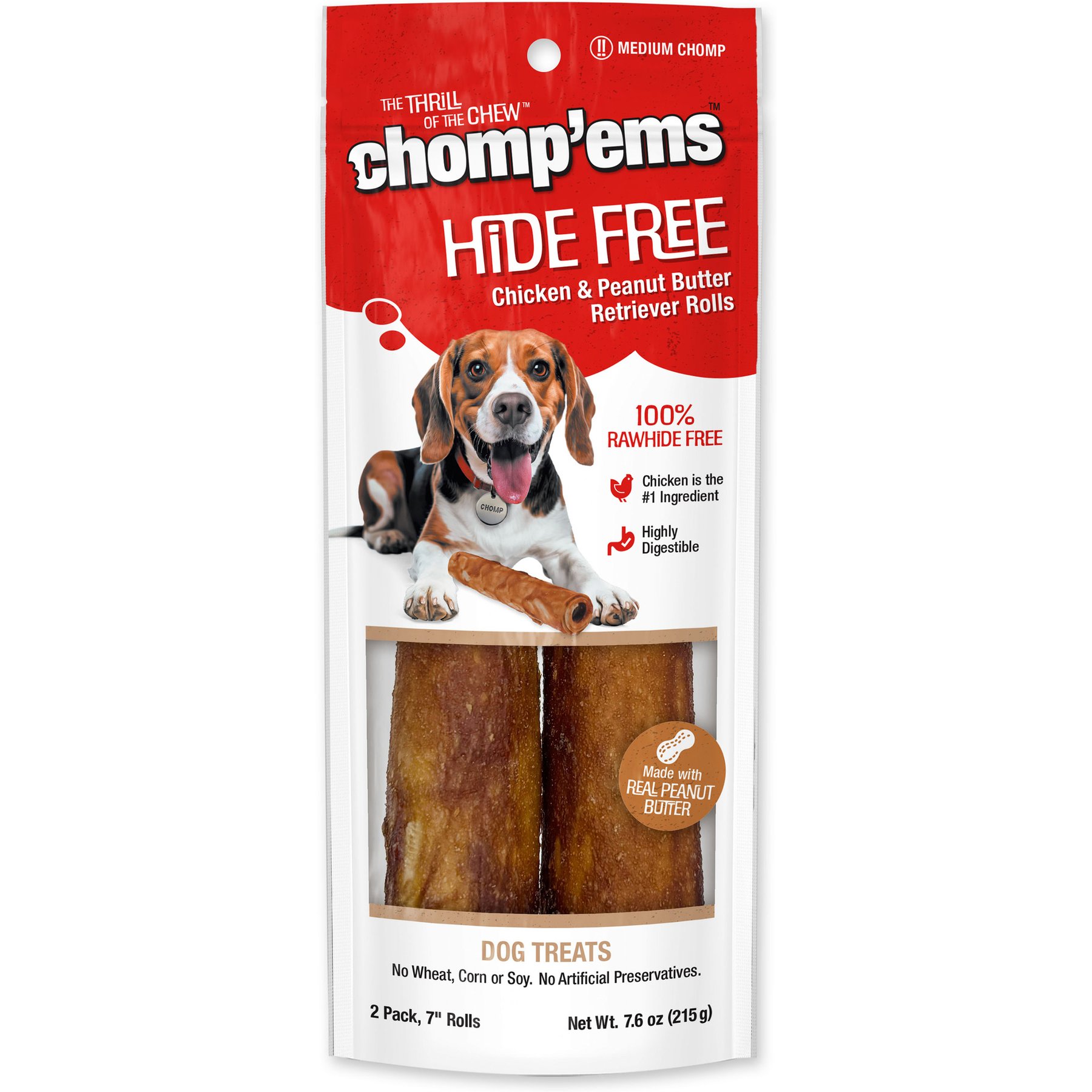 Chomp'ems 7" Hide-Free Peanut Butter Rolls Dog Treats, 2 count