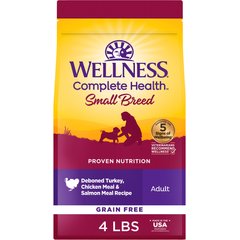 Wellness Grain-Free Complete Health Small Breed Adult Deboned Turkey, Chicken Meal & Salmon Meal Recipe Dry Dog Food, 4-lb bag