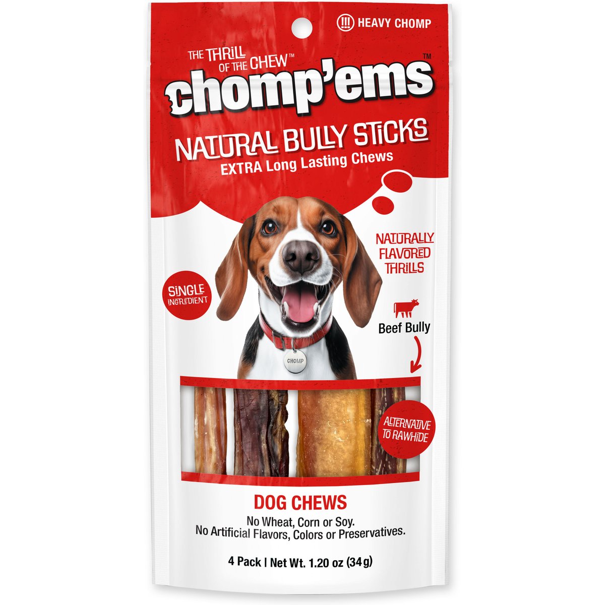 Chomp'ems 6" Bully Stick Dog Treats, 4 count