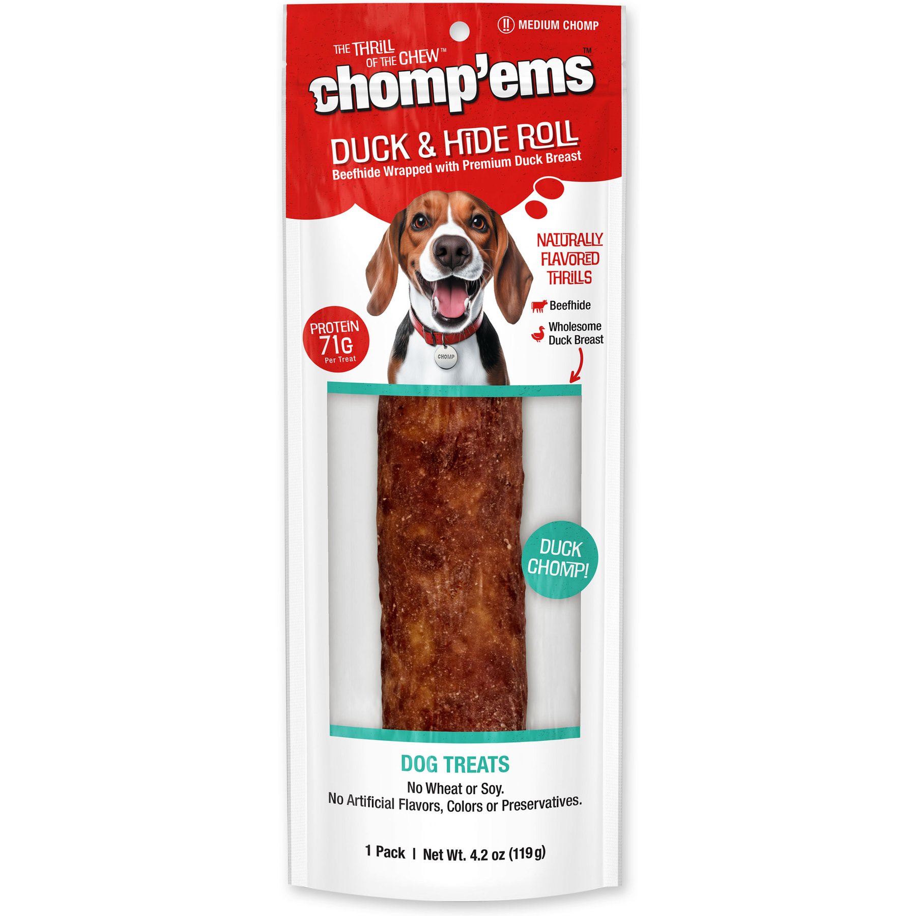 Chomp'ems Premium Beefhide Stick Duck Dog Treats, 4.2-oz bag