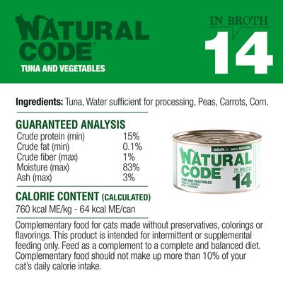 Show full view: Natural Code Tuna & Vegetables Wet Cat Food, 3-oz can, case of 24 slide 8 of 10