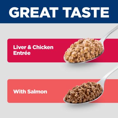 Show full view: Hill's Science Diet Kitten Liver & Chicken & Savory Salmon Variety Pack Wet Cat Food, 2.9-oz can, case of 12 slide 4 of 13