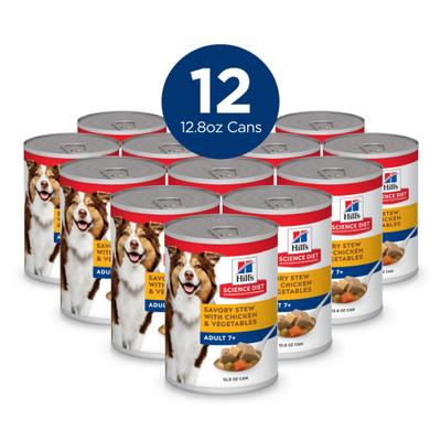 Show full view: Hill's Science Diet Senior Adult 7+ Savory Stew with Chicken & Vegetables Wet Dog Food, 12.8-oz can, case of 12 slide 3 of 13