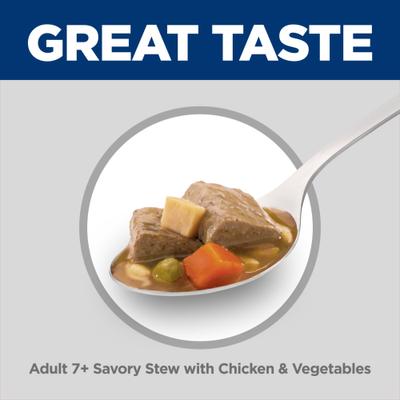 Show full view: Hill's Science Diet Senior Adult 7+ Savory Stew with Chicken & Vegetables Wet Dog Food, 12.8-oz can, case of 12 slide 4 of 13