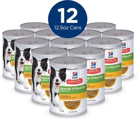 Show full view: Hill's Science Diet Adult 7+ Senior Vitality Chicken & Vegetable Stew Wet Dog Food, 12.5-oz can, case of 12 slide 3 of 14