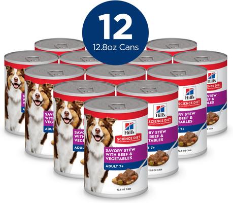 Show full view: Hill's Science Diet Senior Adult 7+ Savory Stew with Beef & Vegetables Wet Dog Food, 12.8-oz can, case of 12 slide 3 of 13