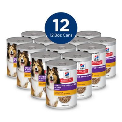 Show full view: Hill's Science Diet Adult Sensitive Stomach & Sensitive Skin Chicken & Vegetable Entree Wet Dog Food, 12.8-oz can, 12 count slide 3 of 13