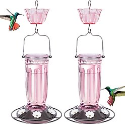 Kingsyard 16-oz Glass Hummingbird Bird Feeder with Ant Moat, 2 count, Light Pink