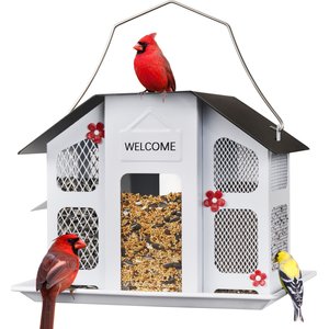 Kingsyard Weatherproof Metal Mesh House Hopper Wild Bird Feeder, Black/White