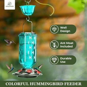 Kingsyard 24-oz Leak-Proof Glass Hummingbird Feeder with Ant Moat, Light Blue