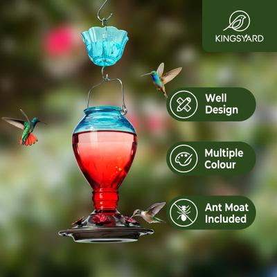 Show full view: Kingsyard 24-oz Leak Proof Glass Hummingbird Feeder with Ant Moat, Aqua Blue + Red slide 7 of 8