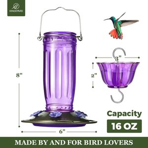 Kingsyard 16-oz Glass Hummingbird Feeder with Ant Moat, Purple