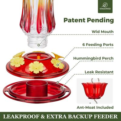 Show full view: Kingsyard 25-oz Leak Proof Glass Hummingbird Feeder with Ant Moat, Red slide 3 of 9