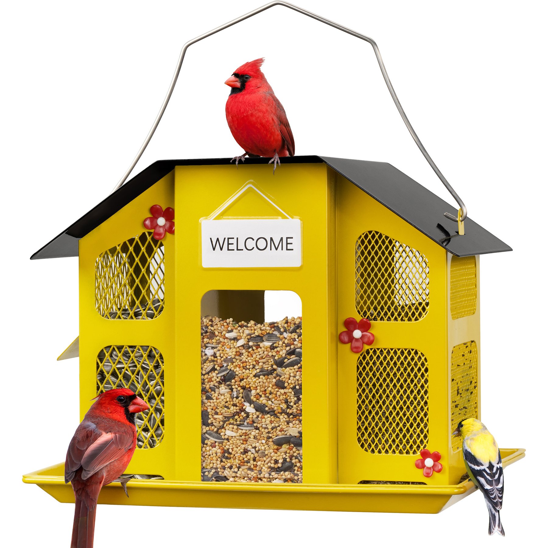 Kingsyard Weatherproof Metal Mesh House Hopper Wild Bird Feeder, Black/Yellow