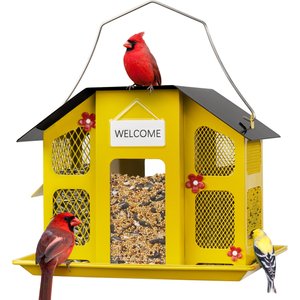 Kingsyard Weatherproof Metal Mesh House Hopper Wild Bird Feeder, Black/Yellow