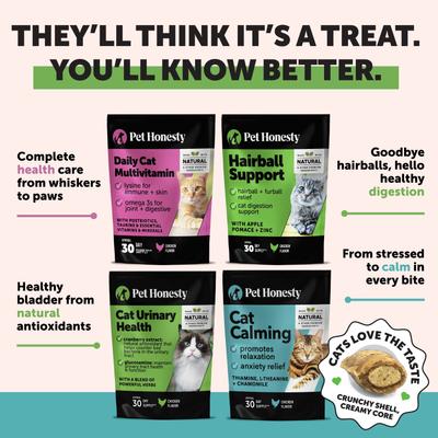 Show full view: Pet Honesty Dual Texture Chicken Flavored Multivitamin Omega-3 & Lysine Chews for Cats, 3.7-oz pouch slide 10 of 12