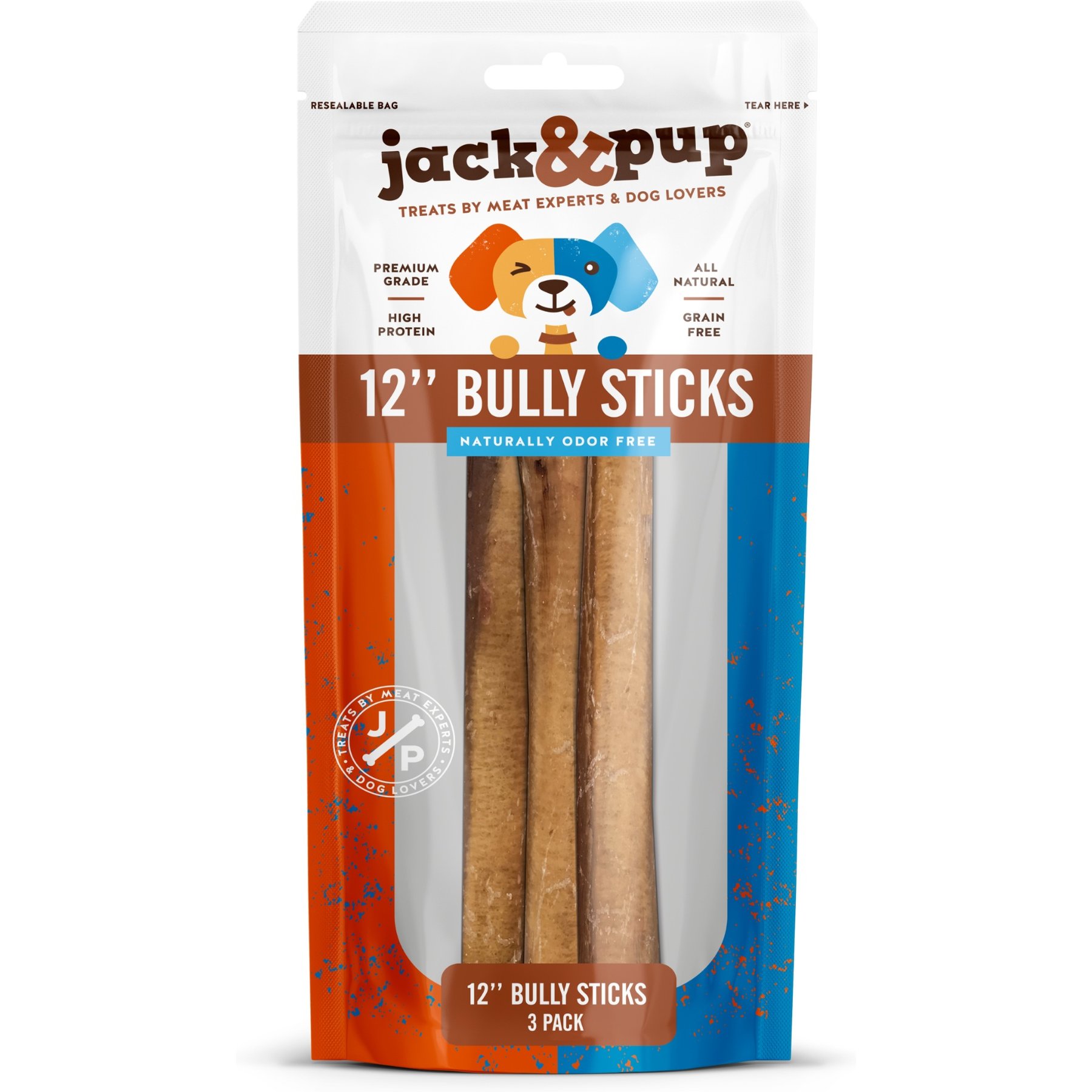 Jack & Pup Odor-Free Standard Beef Bully Sticks 12-in Dog Chew, 3 count