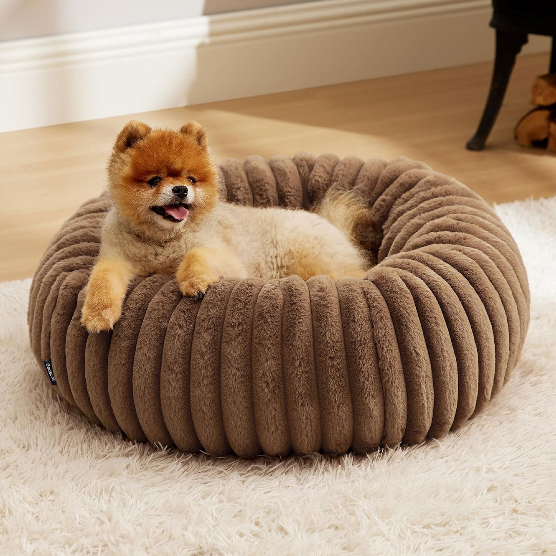 Bedsure ComfyFleece Donut Bolster Dog Bed with Removable Cover, Copper Brown, Small