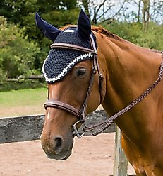 Equine Couture Horse Fly Bonnet with Pearls & Crystals, EC Navy, Cob