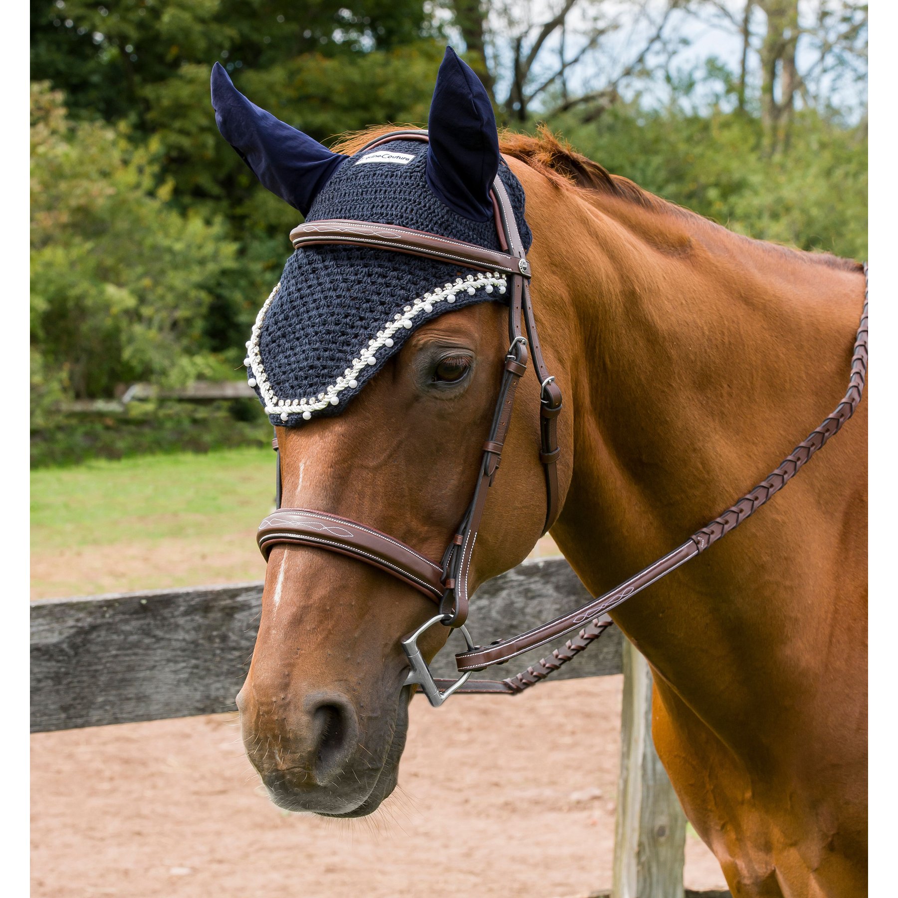 Equine Couture Horse Fly Bonnet with Pearls & Crystals, EC Navy, Cob