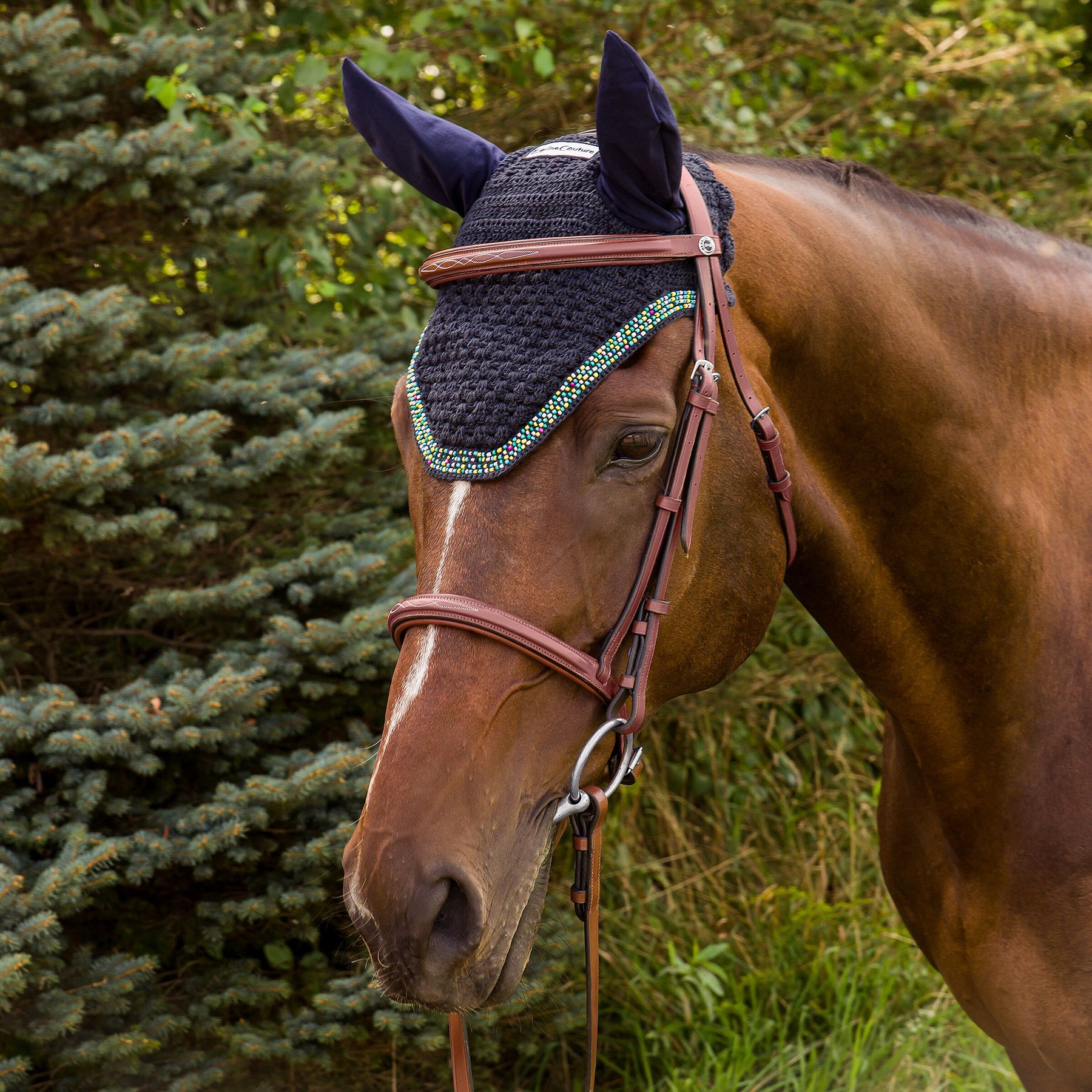 Equine Couture Beaded Horse Fly Bonnet, EC Navy, Cob