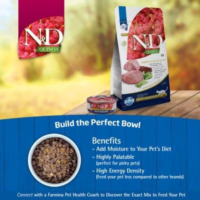 Show full view: Farmina N&D Quinoa Feline Lamb, Broccoli & Asparagus Weight Management Dry Cat Food, 8.8-lb bag slide 9 of 10
