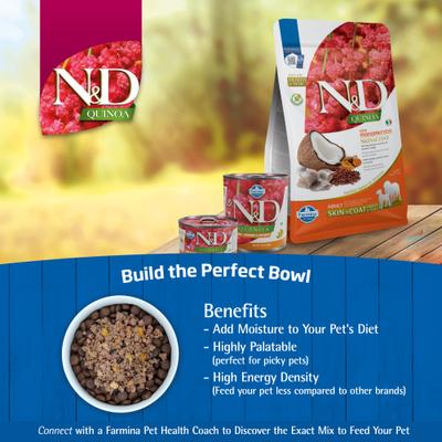 Show full view: Farmina N&D Quinoa Adult Mini Skin & Coat Herring, Coconut & Turmeric Dry Dog Food, 11-lb bag slide 9 of 10
