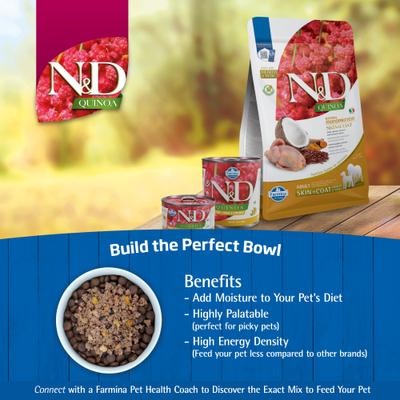 Show full view: Farmina N&D Quinoa Canine Adult Skin & Coat Quail, Coconut & Turmeric Dry Dog Food, 11-lb bag slide 9 of 11