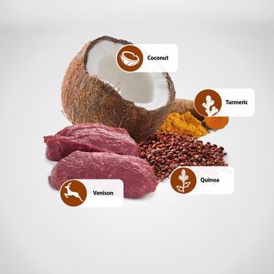 Show full view: Farmina N&D Quinoa Canine Adult Skin & Coat Venison, Coconut & Turmeric Dry Dog Food, 11-lb bag slide 7 of 10