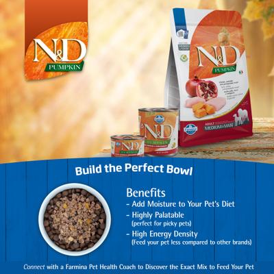 Show full view: Farmina N&D Pumpkin Canine Adult Chicken & Pomegranate Dry Dog Food, 22-lb bag slide 9 of 10