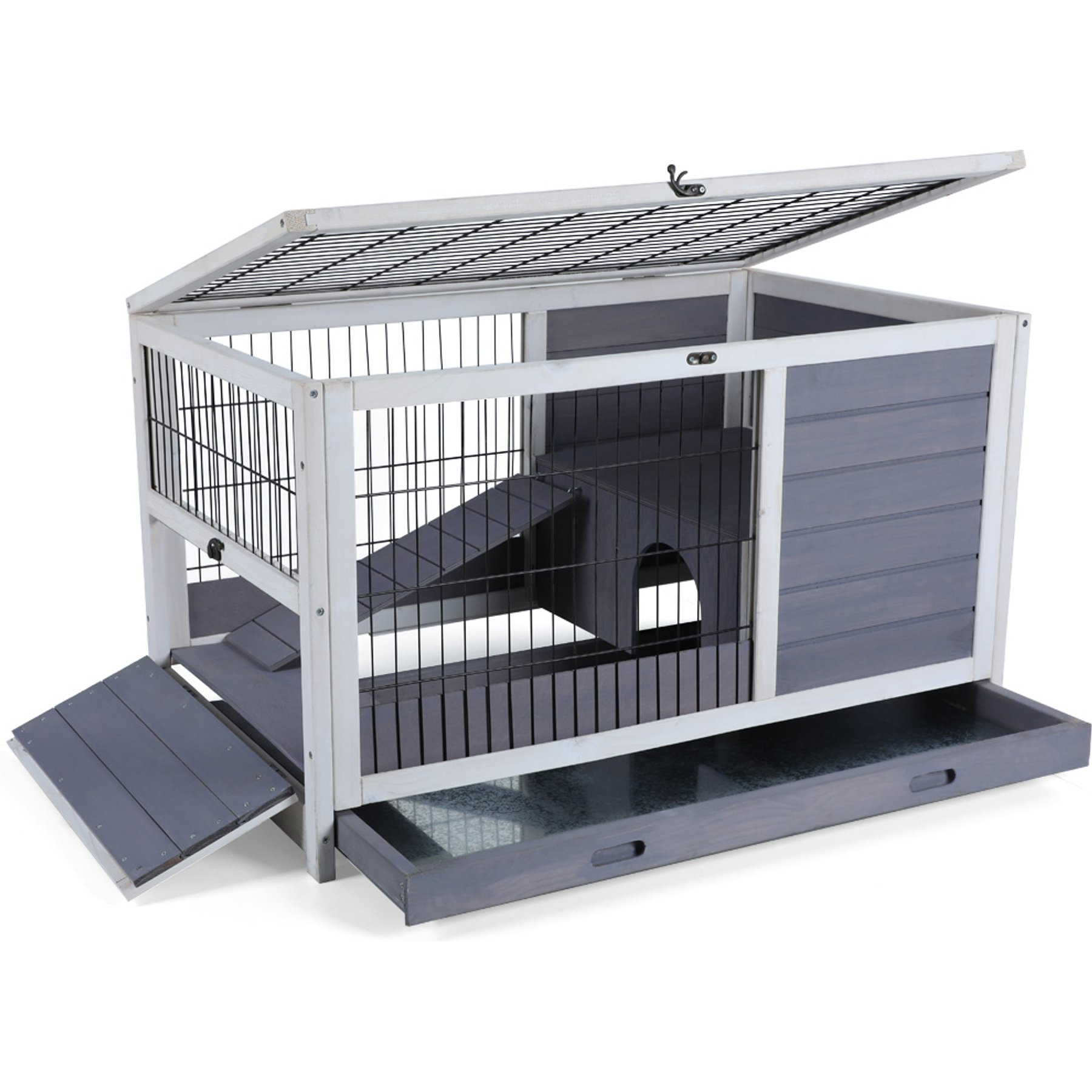 Petsfit Wooden Small Pet Hutch with Ramp, Grey
