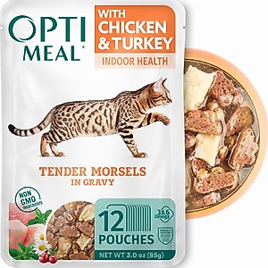 Optimeal Indoor Health Chicken & Turkey Recipe Grain-Free Tender Morsels in Gravy Adult Cat Food, 3-oz pouch, case of 12
