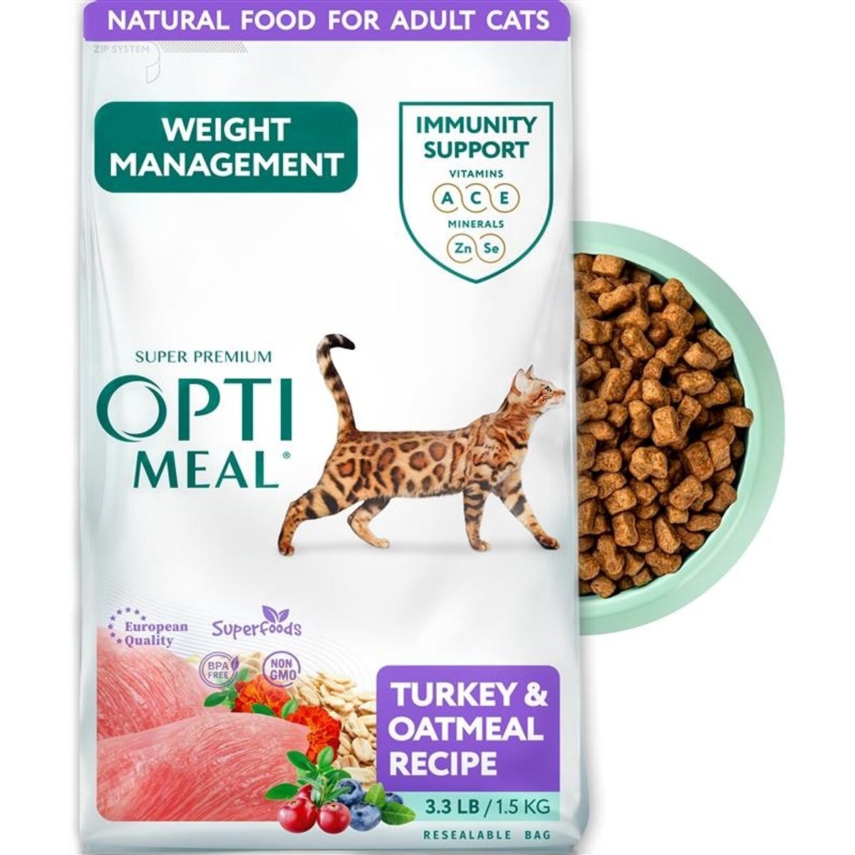 Optimeal Weight Management Turkey & Oatmeal Recipe Dry Cat Food, 3.3-lb bag