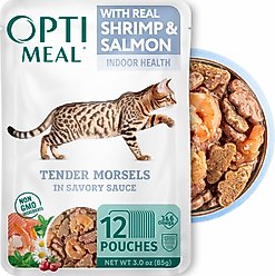 Optimeal Indoor Health Grain-Free Tender Morsels with Real Shrimp & Salmon in Savory Sauce Adult Cat Food, 3-oz pouch, case of 12