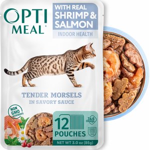 Optimeal Indoor Health Grain-Free Tender Morsels with Real Shrimp & Salmon in Savory Sauce Adult Cat Food, 3-oz pouch, case of 12