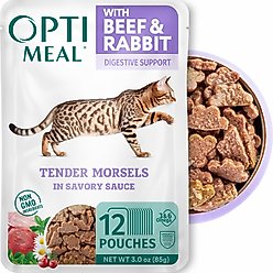 Optimeal Digestive Support Grain-Free Tender Morsels with Beef & Rabbit in Savory Sauce Adult Cat Food, 3-oz pouch, case of 12