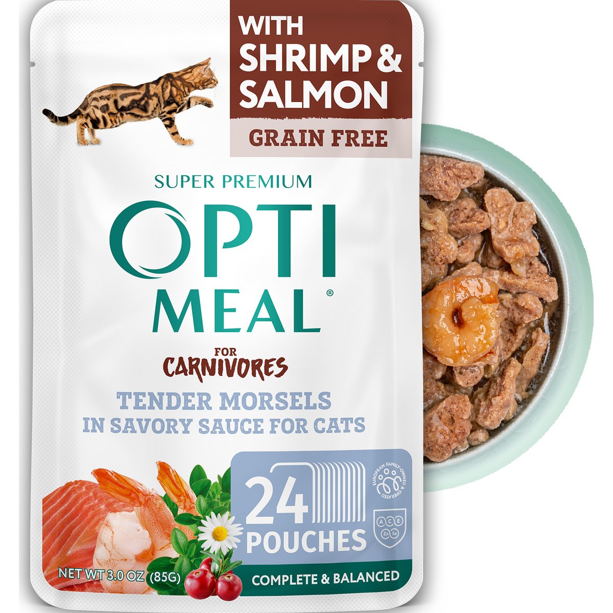 Optimeal Grain-Free Tender Morsels with Real Shrimp & Salmon In Savory Sauce Recipe Wet Cat Food, 3-oz pouch, case of 24