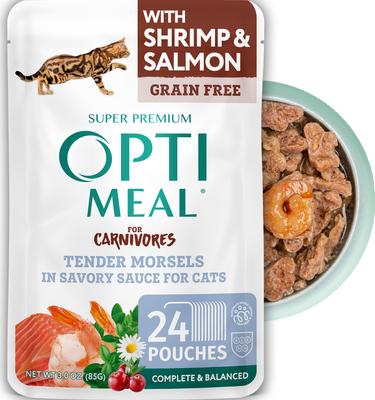 Show full view: Optimeal Grain-Free Tender Morsels with Real Shrimp & Salmon In Savory Sauce Recipe Wet Cat Food, 3-oz pouch, case of 24 slide 1 of 8