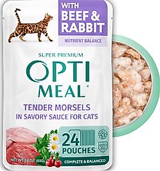 Optimeal Tender Morsels with Beef & Rabbit In Savory Sauce Recipe Wet Cat Food, 3-oz pouch, case of 24