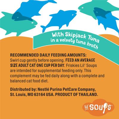 Show full view: Friskies Lil' Soups with Skipjack Tuna in a Velvety Tuna Broth Senior Formula Lickable Cat Food Topper, 1.2-oz tub, case of 8 slide 10 of 14