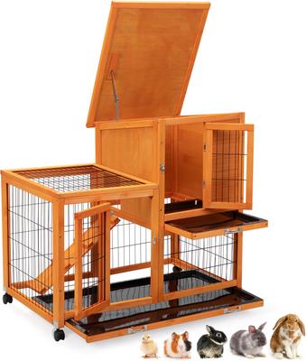 Show full view: Coziwow 2-Tier Wooden Rabbit Hutch Small Animal Cage with Wheels, Orange slide 6 of 11
