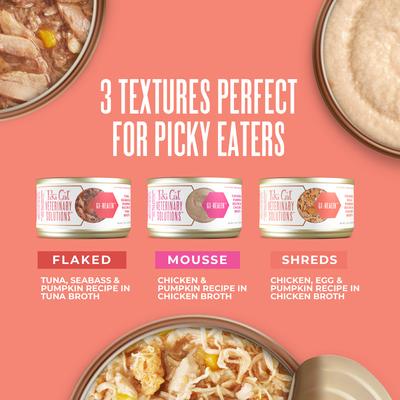 Show full view: Tiki Cat Veterinary Solutions GI-Health Chicken, Egg & Pumpkin Recipe Shredded Grain-Free Wet Cat Food, 2.8-oz can, case of 18 slide 7 of 12