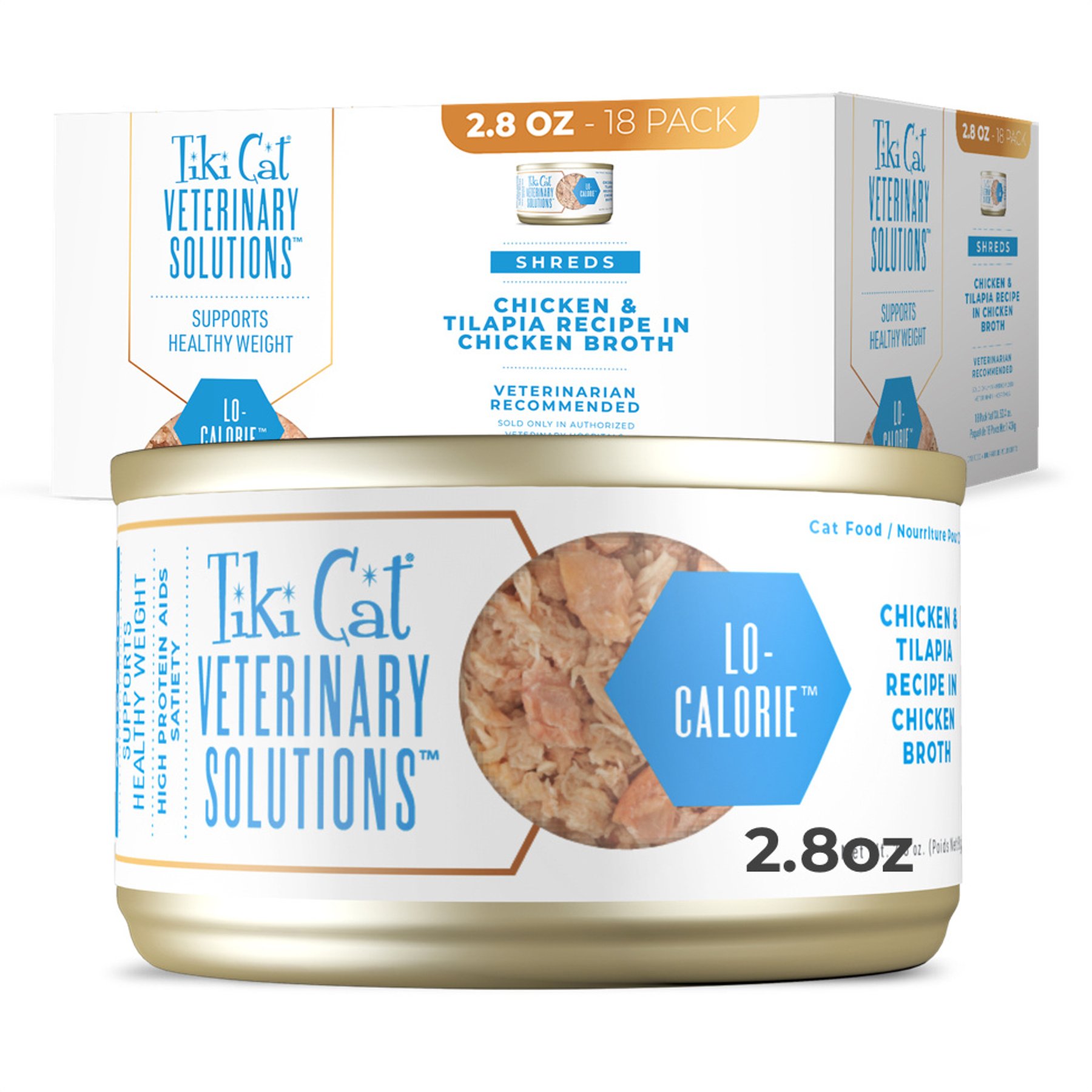 Tiki Cat Veterinary Solutions Lo-Calorie Chicken & Tilapia Recipe Shredded Grain-Free Wet Cat Food, 2.8-oz can, case of 18