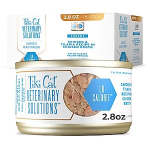 Tiki Cat Veterinary Solutions Lo-Calorie Chicken & Tilapia Recipe Shredded Grain-Free Wet Cat Food, 2.8-oz can, case of 18