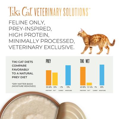 Show full view: Tiki Cat Veterinary Solutions Lo-Calorie Chicken & Tilapia Recipe Pate Grain-Free Wet Cat Food, 2.8-oz can, case of 18 slide 8 of 11
