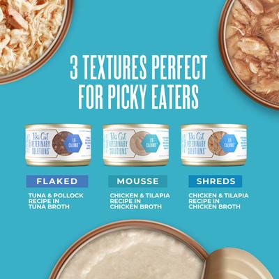 Show full view: Tiki Cat Veterinary Solutions Lo-Calorie Chicken & Tilapia Recipe Pate Grain-Free Wet Cat Food, 2.8-oz can, case of 18 slide 7 of 11